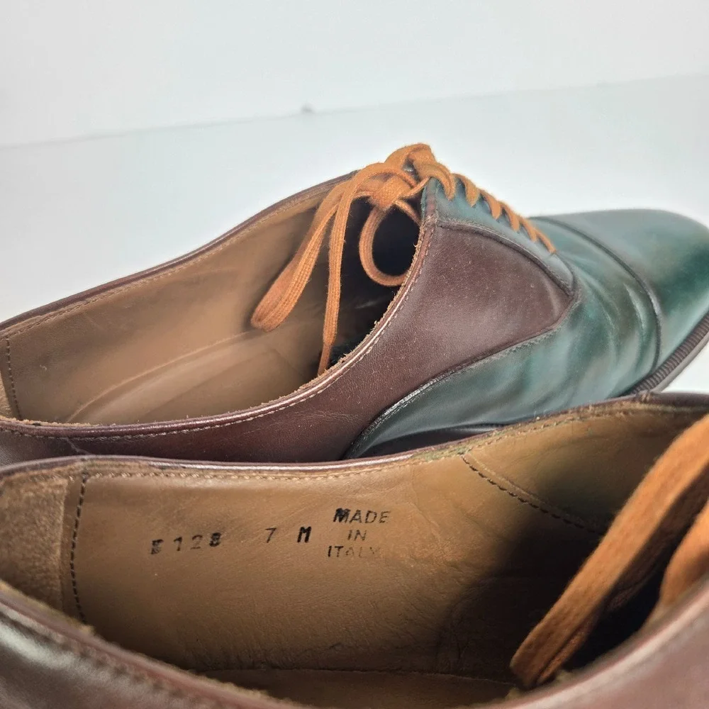 Barney's New York Men's Sz 7 Cap-Toe Oxford Green Luxury Leather Cap Dress Shoes